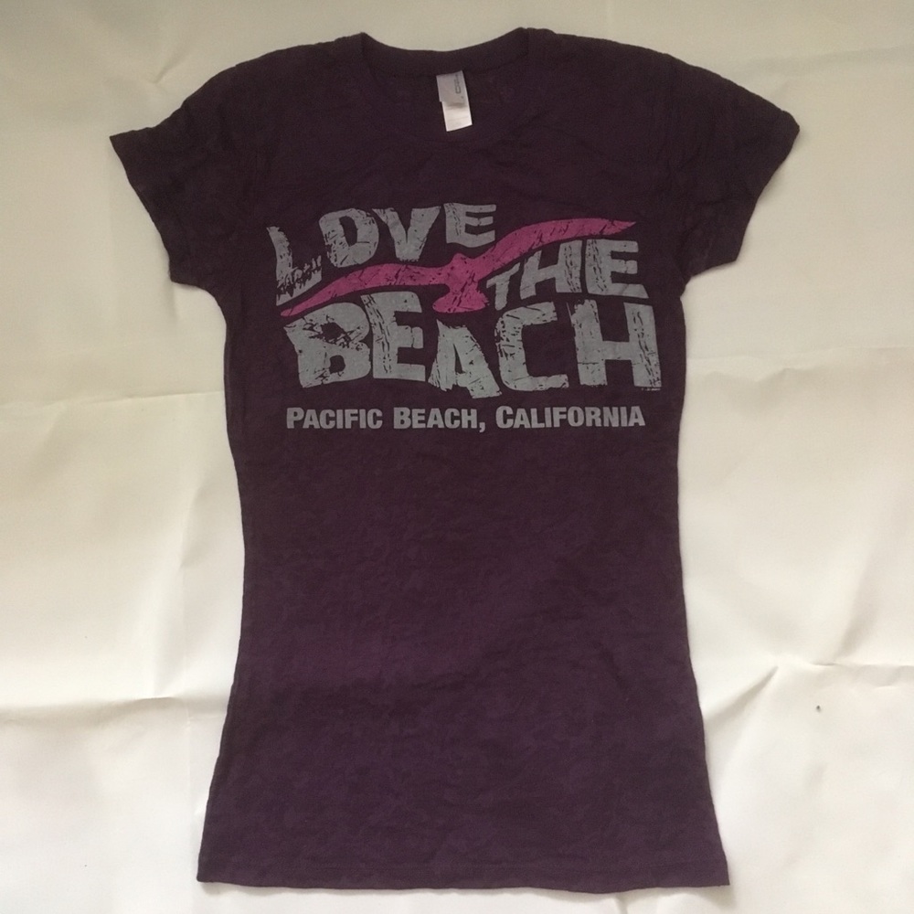 Lightweight purple Love The Beach t shirt.